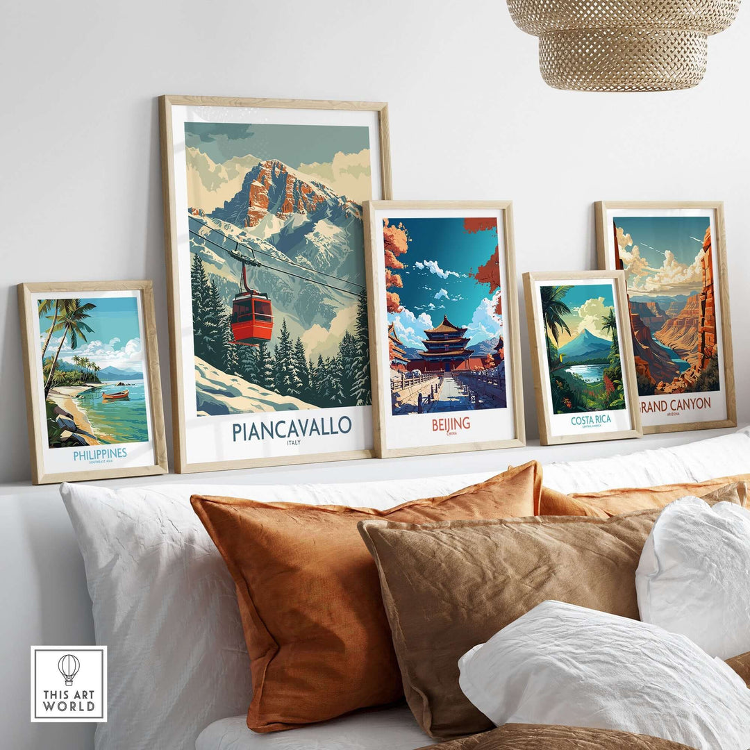 Piancavallo ski print among framed travel artwork, showcasing Italy's slopes and other scenic destinations in a stylish display.