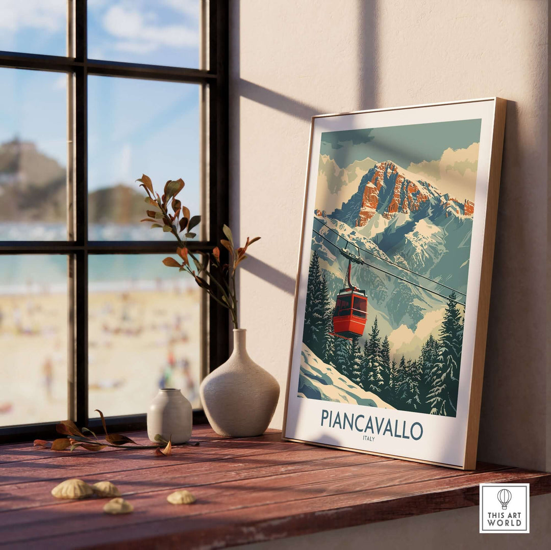 Piancavallo ski print framed on a windowsill, showcasing stunning mountain scenery and a ski lift in Italy.