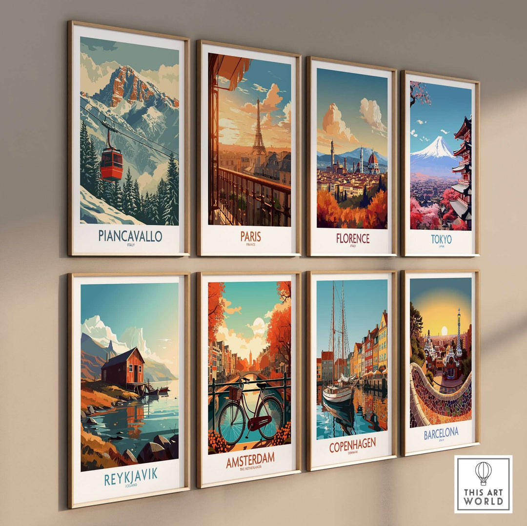 Colorful wall display of travel art prints featuring Piancavallo, Paris, Florence, Tokyo, Reykjavik, Amsterdam, Copenhagen, and Barcelona.