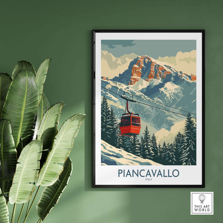 Piancavallo Ski Print featuring a red gondola in snowy mountains of Italy, perfect for ski enthusiasts and home decor.