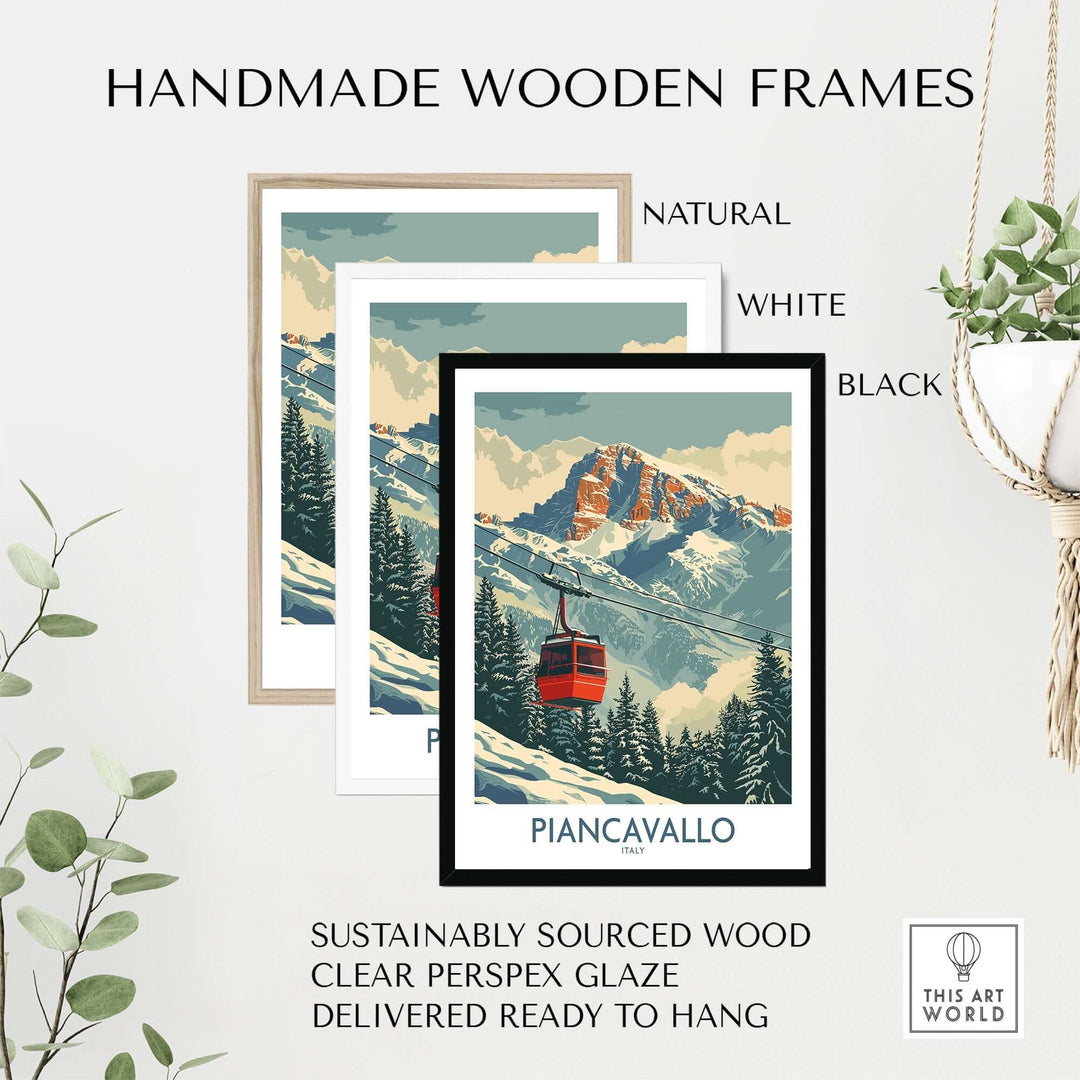 Handmade wooden frames in natural, white, and black for Piancavallo ski print, featuring sustainably sourced wood and clear glaze.