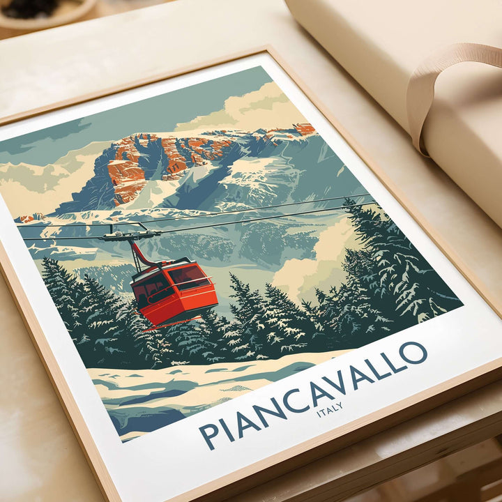 Piancavallo ski print featuring a red gondola against stunning Italian mountain scenery, perfect for ski enthusiasts.