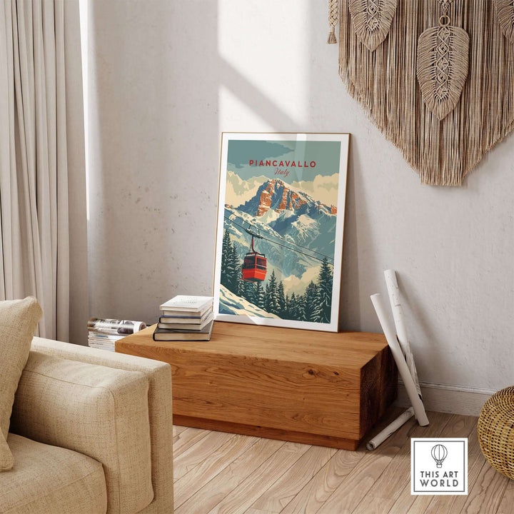 Piancavallo travel poster showcasing a ski cable car against a mountain backdrop, perfect for travel enthusiasts.