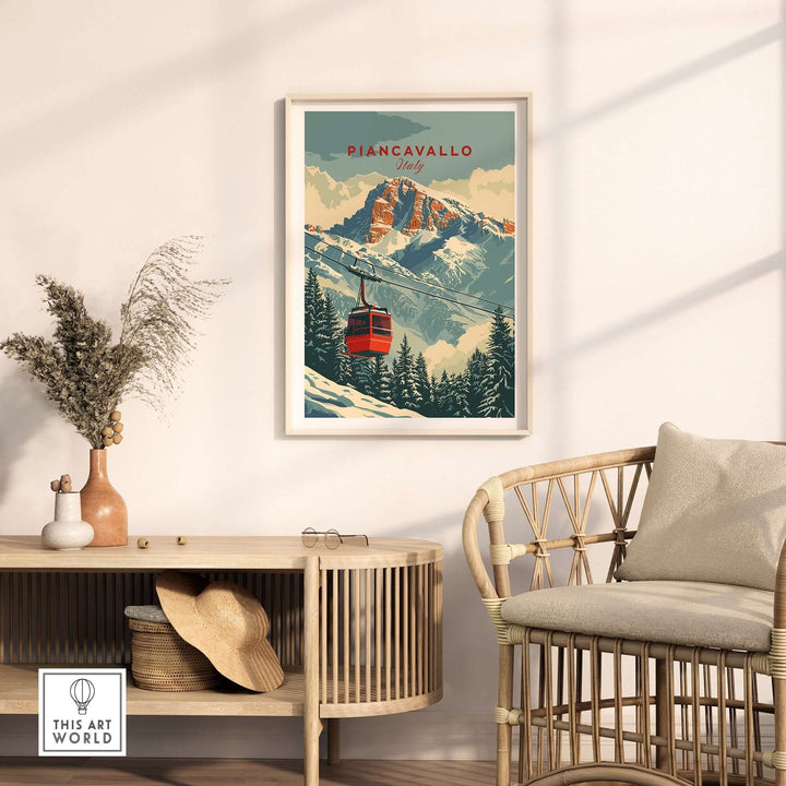 Piancavallo travel poster showcasing a scenic ski lift in the Italian mountains, perfect for home decor.