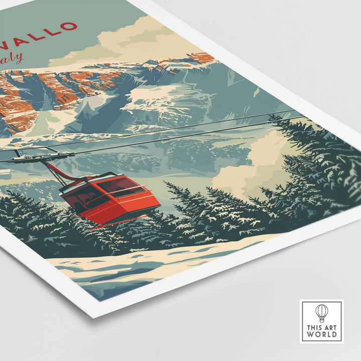 Piancavallo travel poster featuring a red ski lift against a mountainous backdrop in Italy's winter landscape.