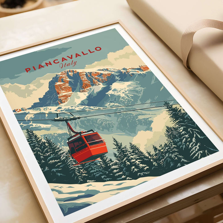 Vintage Piancavallo travel poster featuring a ski gondola and mountain landscape in Italy. Perfect for travel enthusiasts.