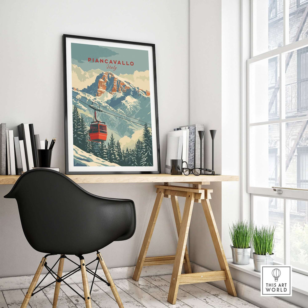 Piancavallo travel poster showcasing a ski gondola and majestic mountains in a stylish home office setting.