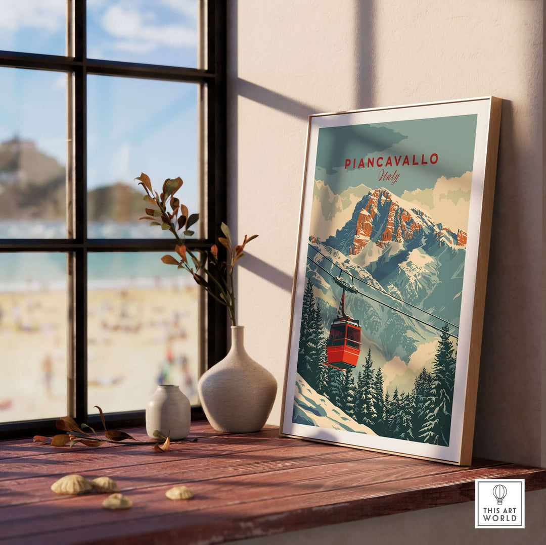 Piancavallo travel poster featuring a ski lift and mountains, displayed by a sunlit window, capturing Italy's beauty.