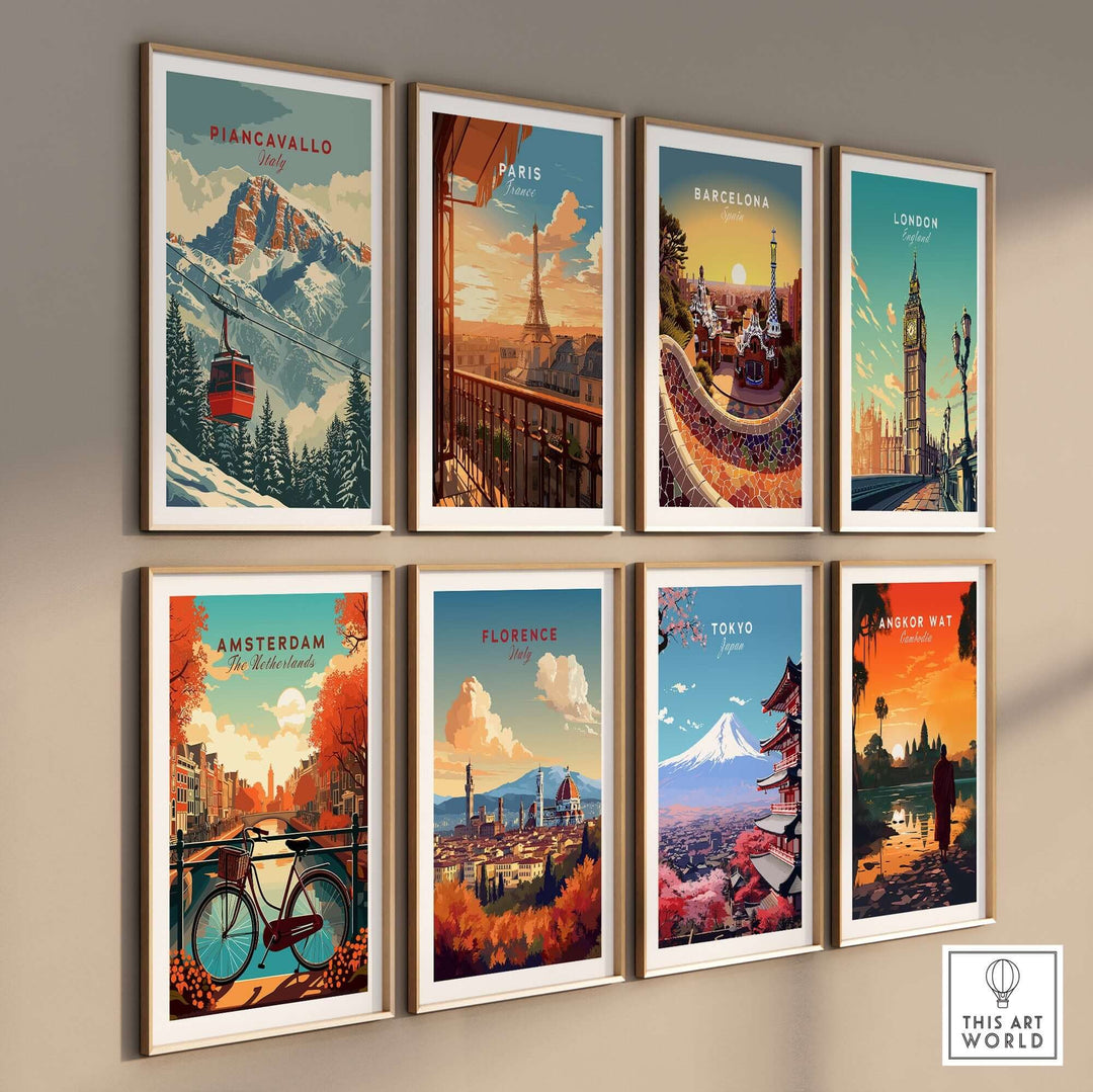 A collection of travel posters featuring Piancavallo, Paris, Barcelona, London, Amsterdam, Florence, Tokyo, and Angkor Wat.