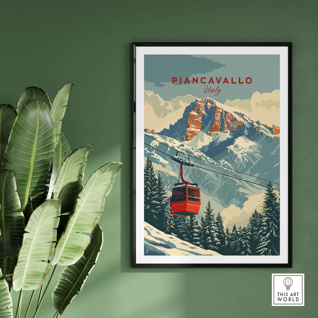 Piancavallo Travel Poster featuring a ski lift amidst snow-capped mountains in Italy, ideal for travel enthusiasts.