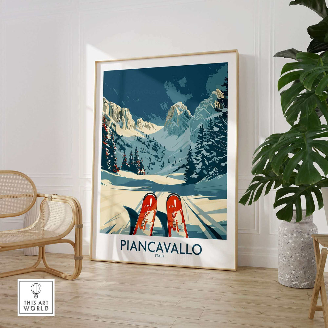 Piancavallo Wall Art Ski Print displayed in a stylish room with a chair and plant, emphasizing vintage ski poster decor.