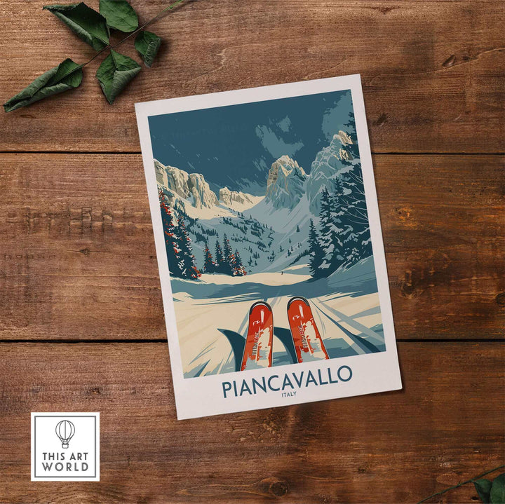 Piancavallo Wall Art Ski Poster depicting scenic snowy alpine mountains with skis on a rustic wooden background.