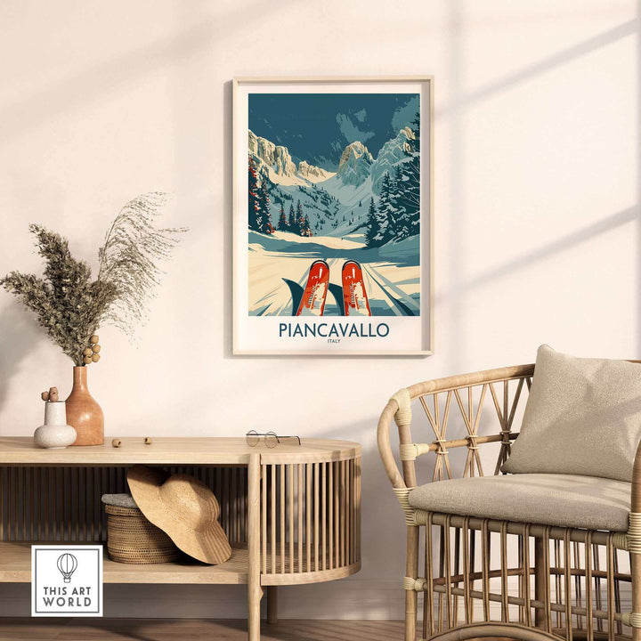 Piancavallo Wall Art Ski Poster in a cozy room, featuring snow-covered mountains and red skis on a sunny day.