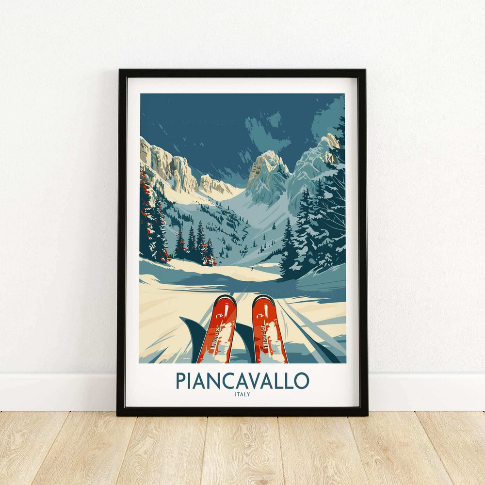 Piancavallo Wall Art Ski Poster featuring snowy mountain landscape and ski trail in Italy.