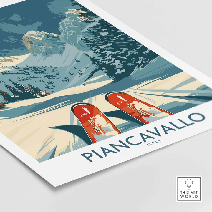 Piancavallo ski poster print, vibrant wall art depicting a ski scene in Italy, ideal for winter sports enthusiasts.