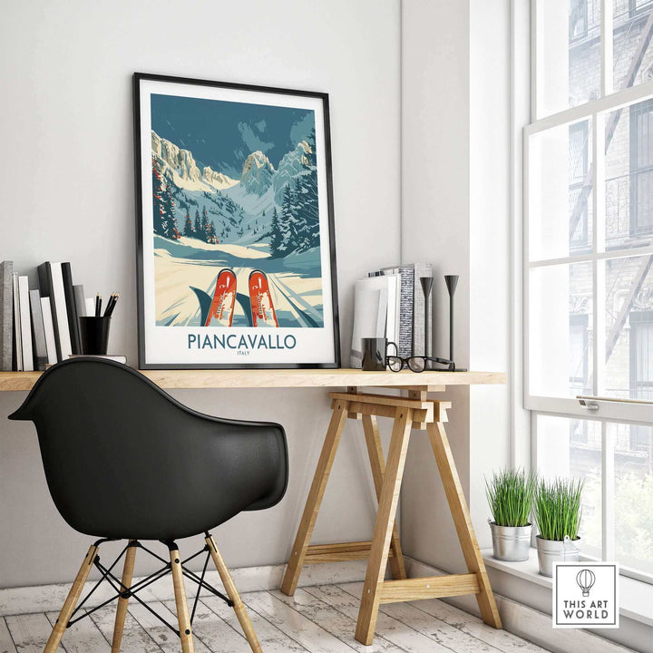 Stylish interior featuring Piancavallo wall art ski print, perfect ski poster for decor enthusiasts.