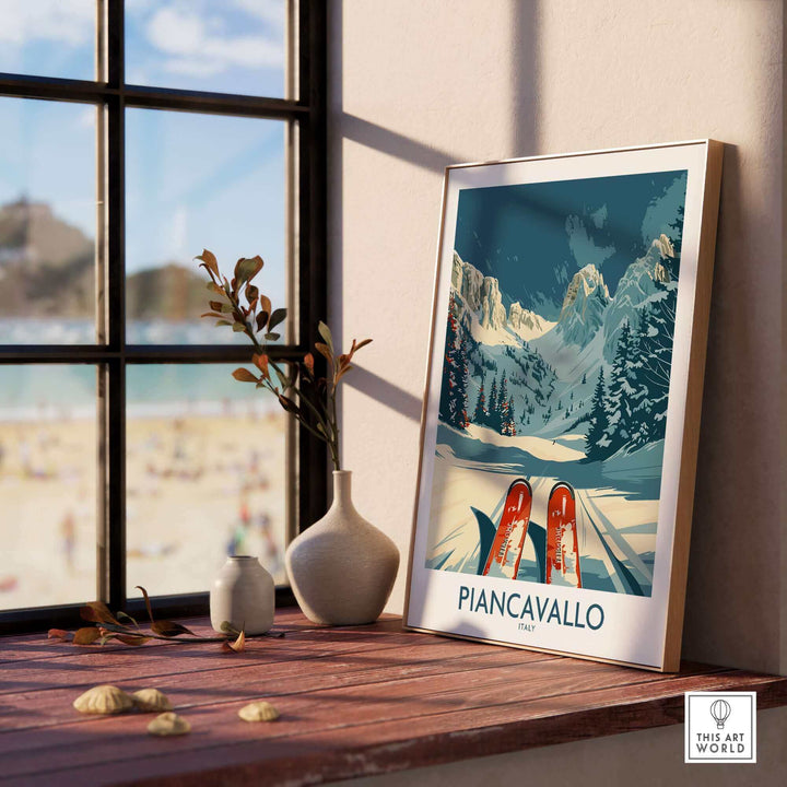 Piancavallo Wall Art Ski Print on table, depicting scenic snowy mountains, designed as a vintage ski poster.