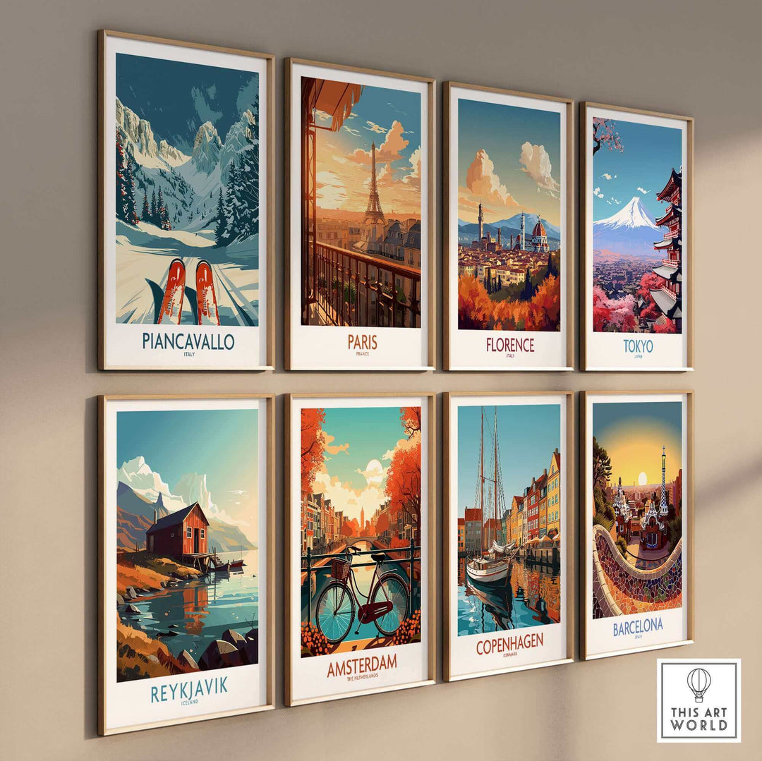 Wall art display featuring ski and travel posters, including Piancavallo Ski Print, Paris, Florence, and Tokyo.