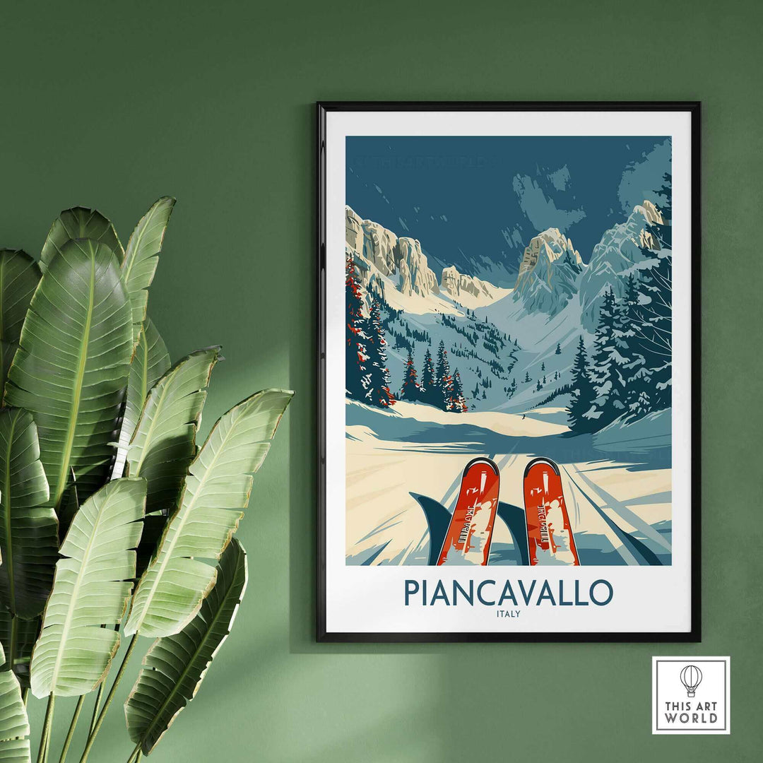 Piancavallo ski poster print on wall with snowy mountain art, framed and displayed next to green plant.