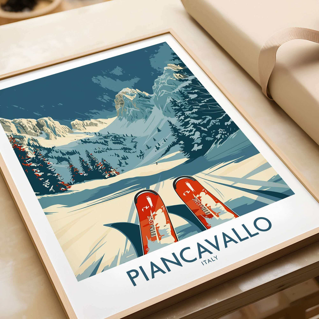 Piancavallo wall art featuring a vibrant ski scene in Italy, perfect ski poster for winter sports enthusiasts.