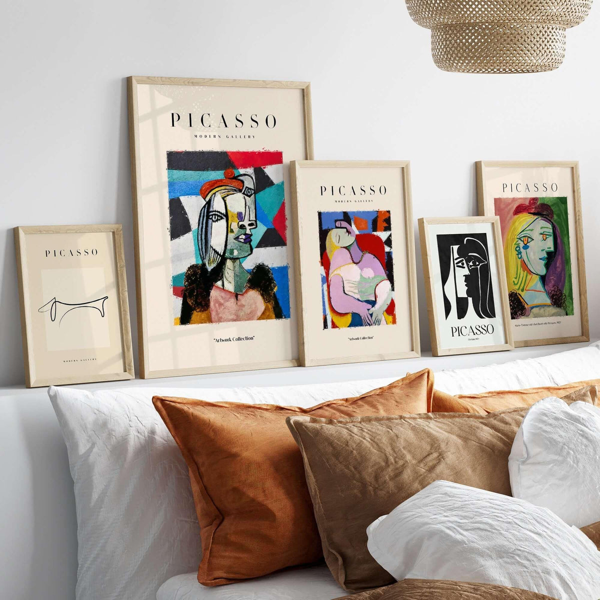 Picasso Woman Beret Abstract Portrait Art Print Colorful Cubist Poster Artwork Collection displayed in stylish frames.