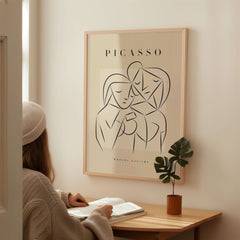 Picasso Abstract Couple Lovers Embrace Line Art Figures Poster Modern Gallery Wall Art featuring two figures in an intimate embrace.