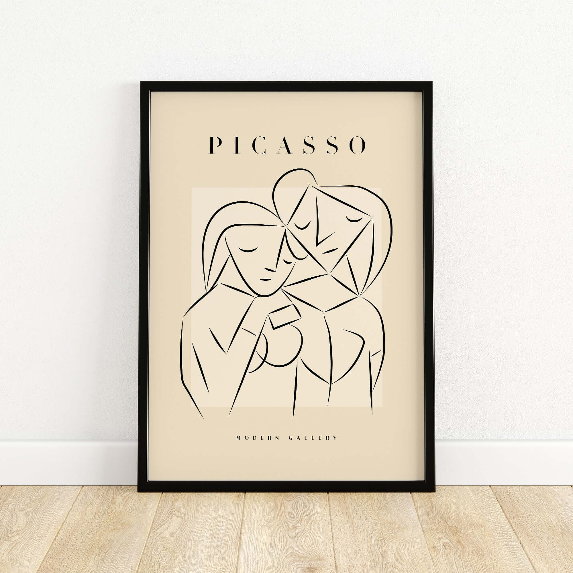 Picasso Abstract Couple Lovers Embrace Line Art Figures Poster Modern Gallery Wall Art framed against a beige wall.