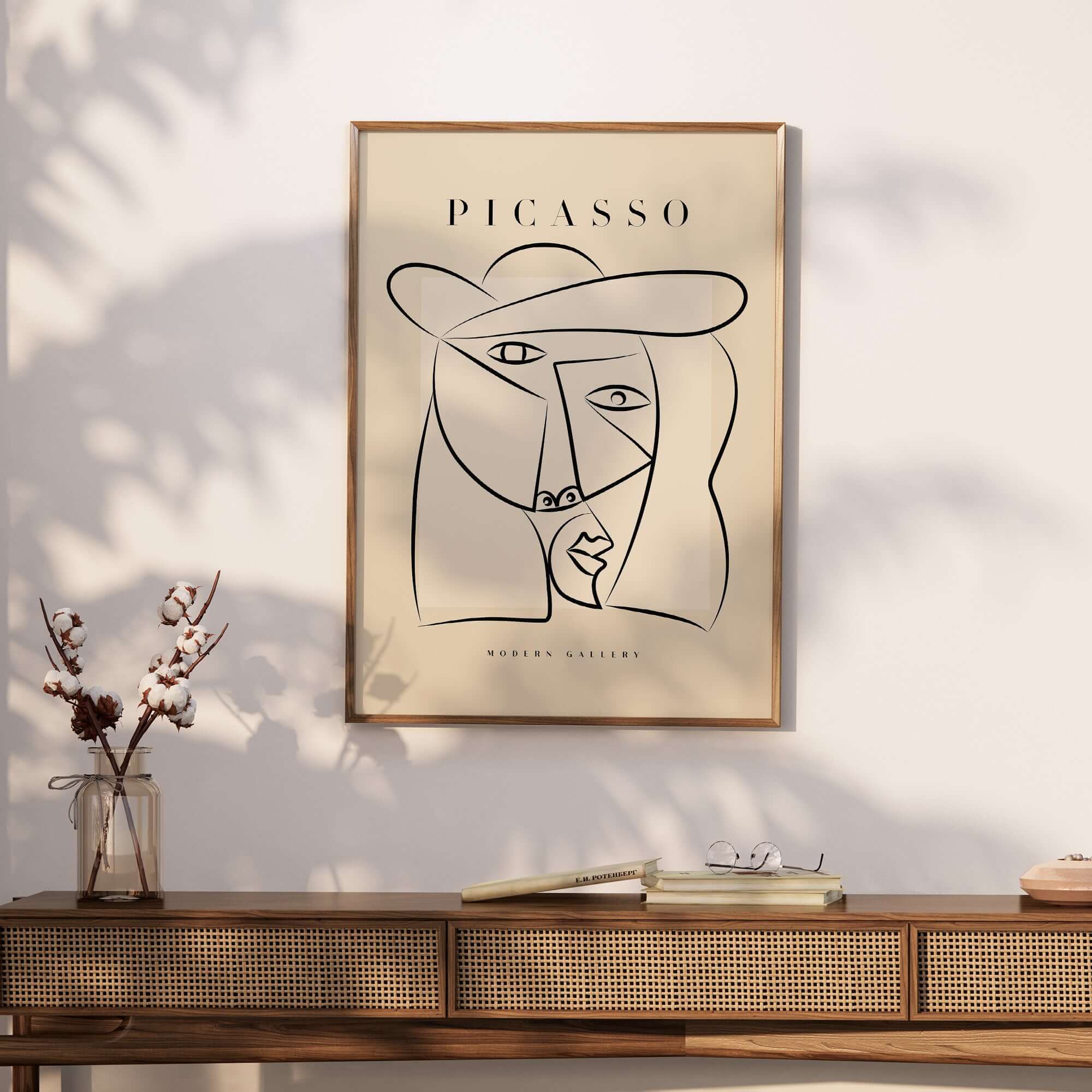 Picasso Abstract Face Hat Line Art Minimalist Portrait Poster Print Modern Gallery on a wall with decorative elements.