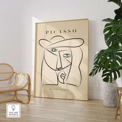 Picasso Abstract Face Hat Line Art Minimalist Portrait Poster Print Modern Gallery displayed in a stylish interior setting.