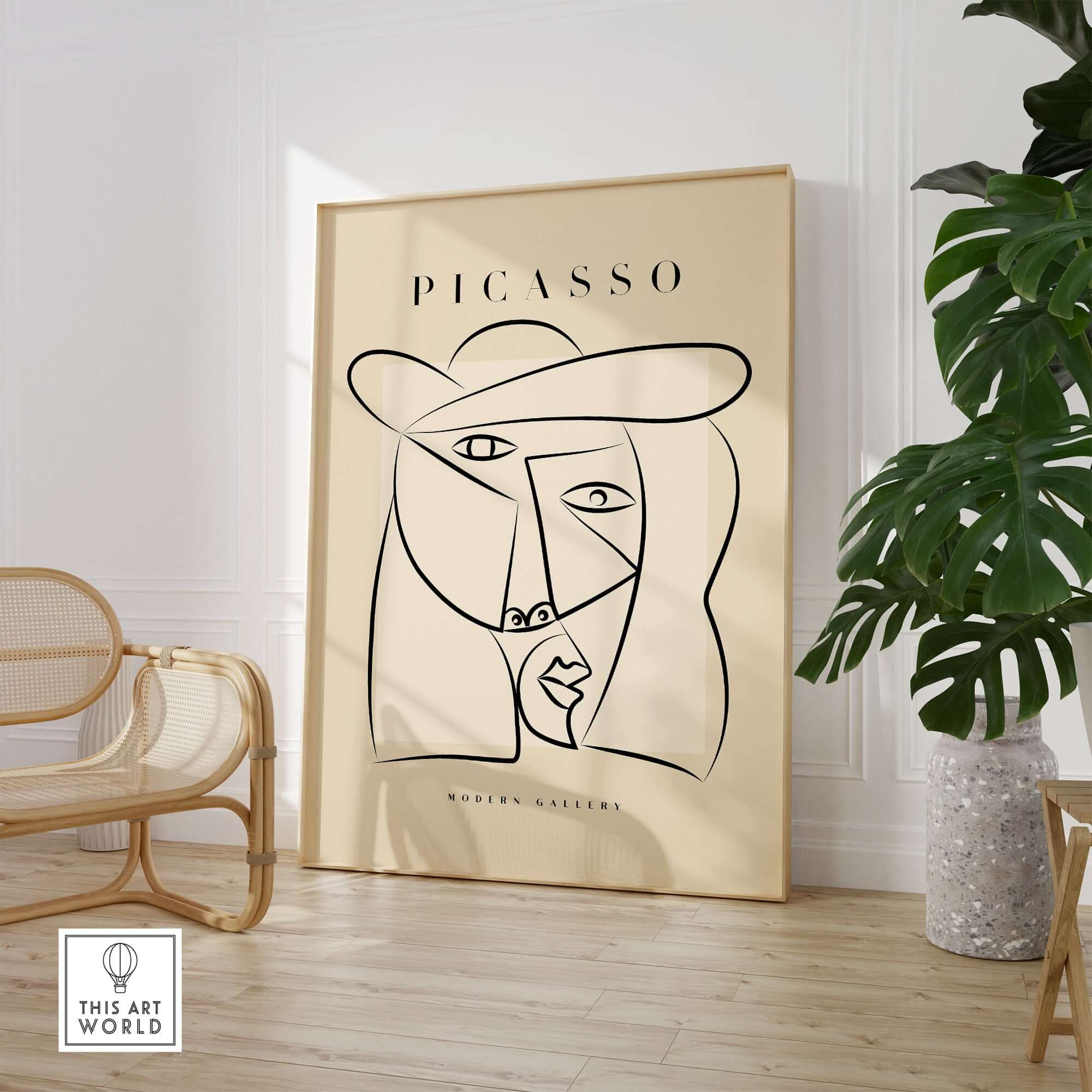 Picasso Abstract Face Hat Line Art Minimalist Portrait Poster Print Modern Gallery displayed in a stylish interior setting.
