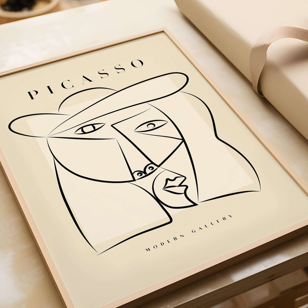 Picasso Abstract Face Hat Line Art Minimalist Portrait Poster Print Modern Gallery displayed in a stylish frame on a neutral background.
