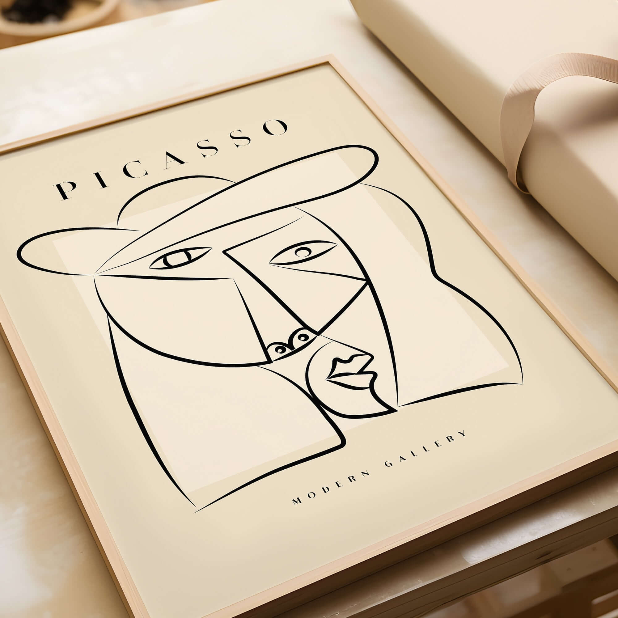 Picasso Abstract Face Hat Line Art Minimalist Portrait Poster Print Modern Gallery displayed in a stylish frame on a neutral background.