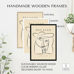 Picasso Abstract Face Hat Line Art Minimalist Portrait Poster Print Modern Gallery displayed in handmade wooden frames