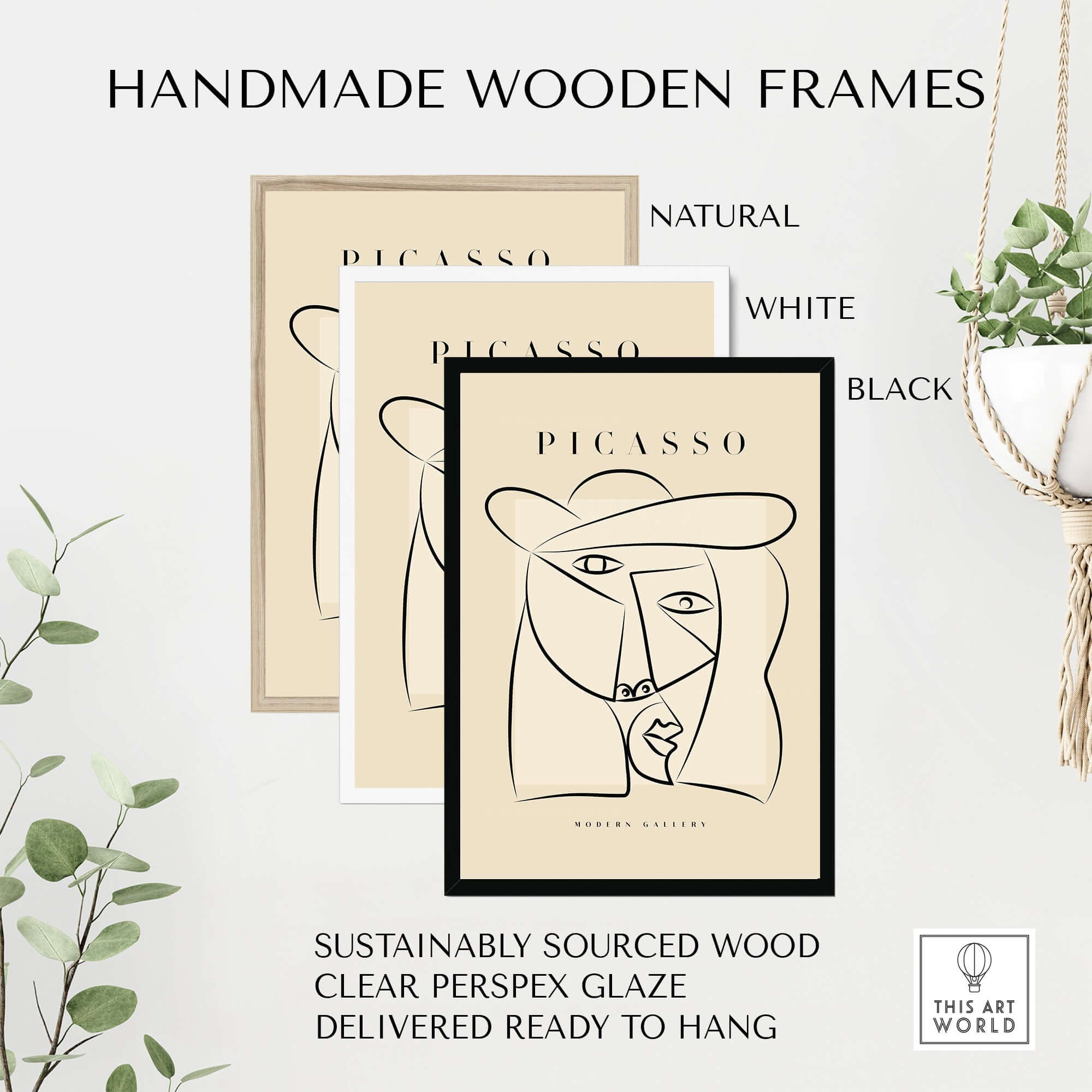 Picasso Abstract Face Hat Line Art Minimalist Portrait Poster Print Modern Gallery displayed in handmade wooden frames