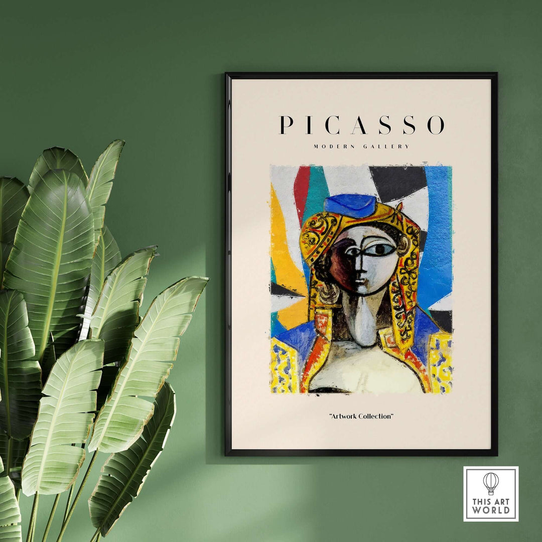 Colorful Picasso abstract face portrait poster with geometric background in modern gallery setting.