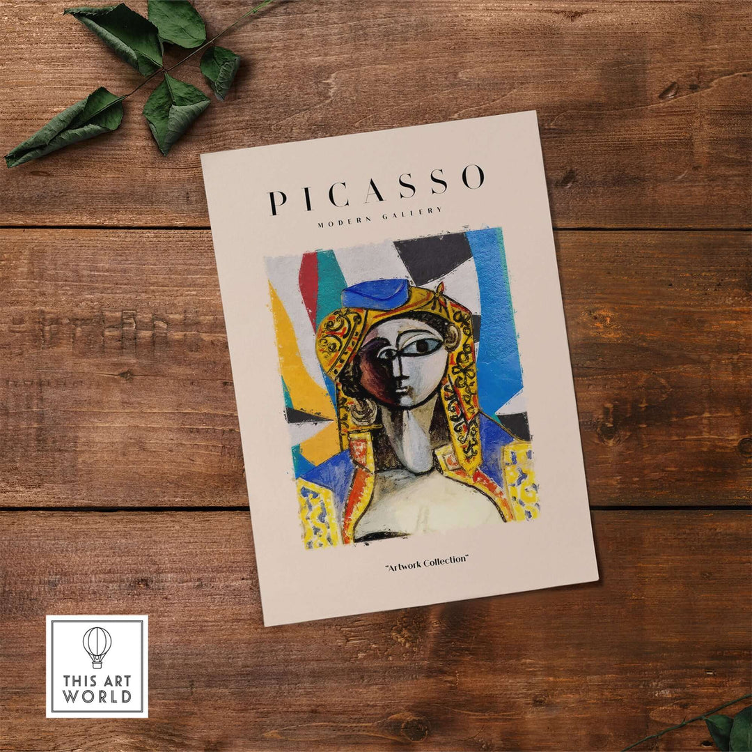 Picasso-inspired abstract face portrait poster featuring vivid colors and geometric shapes on a wooden background.