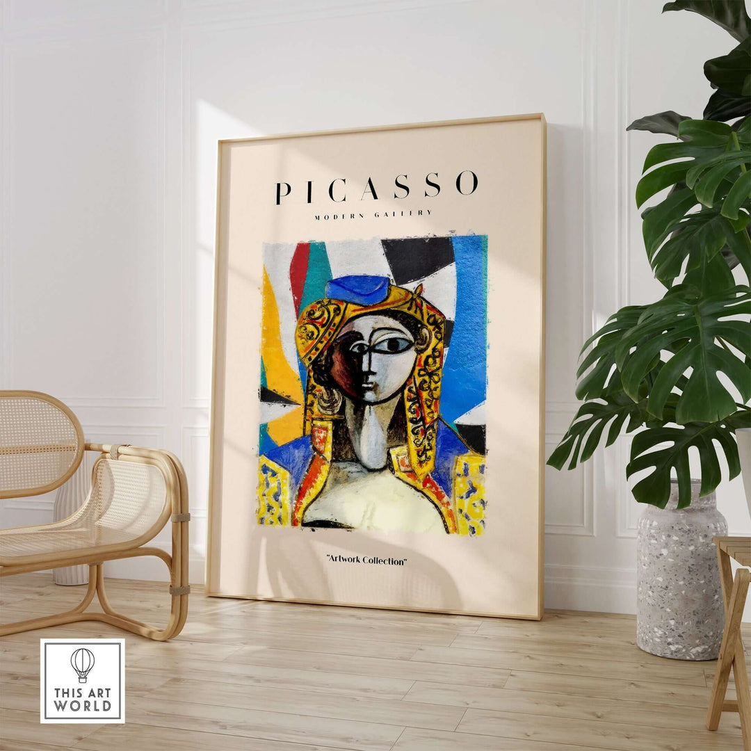 Colorful Picasso abstract face portrait poster on display in modern gallery setting.