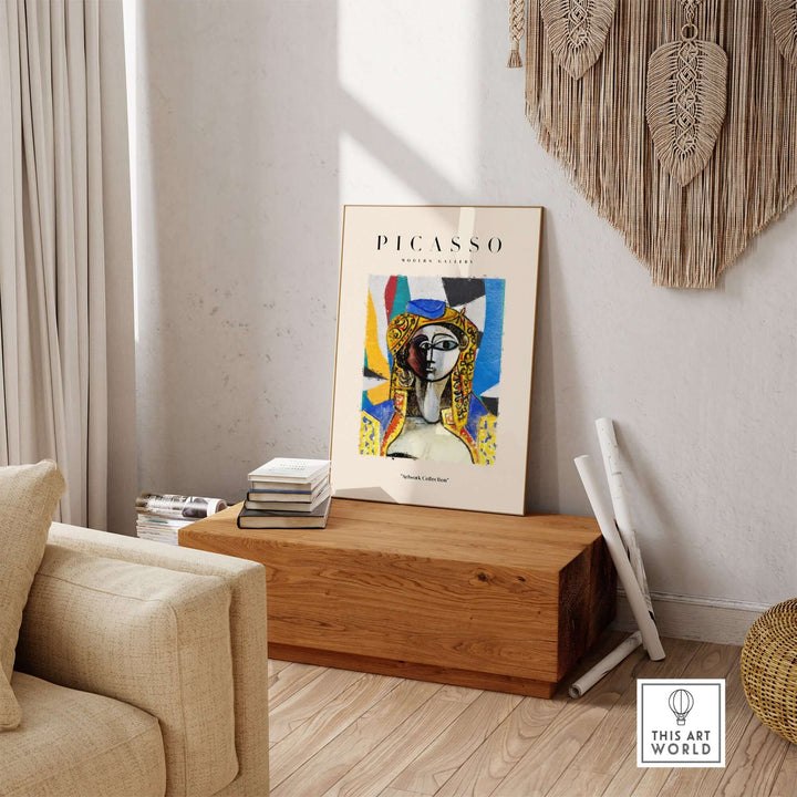 Colorful Picasso-inspired abstract face portrait poster in modern gallery setting.