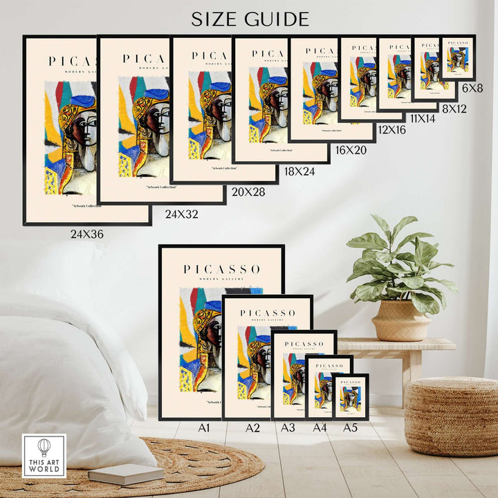 Size guide for colorful abstract Picasso face portrait posters displayed in various frame sizes.