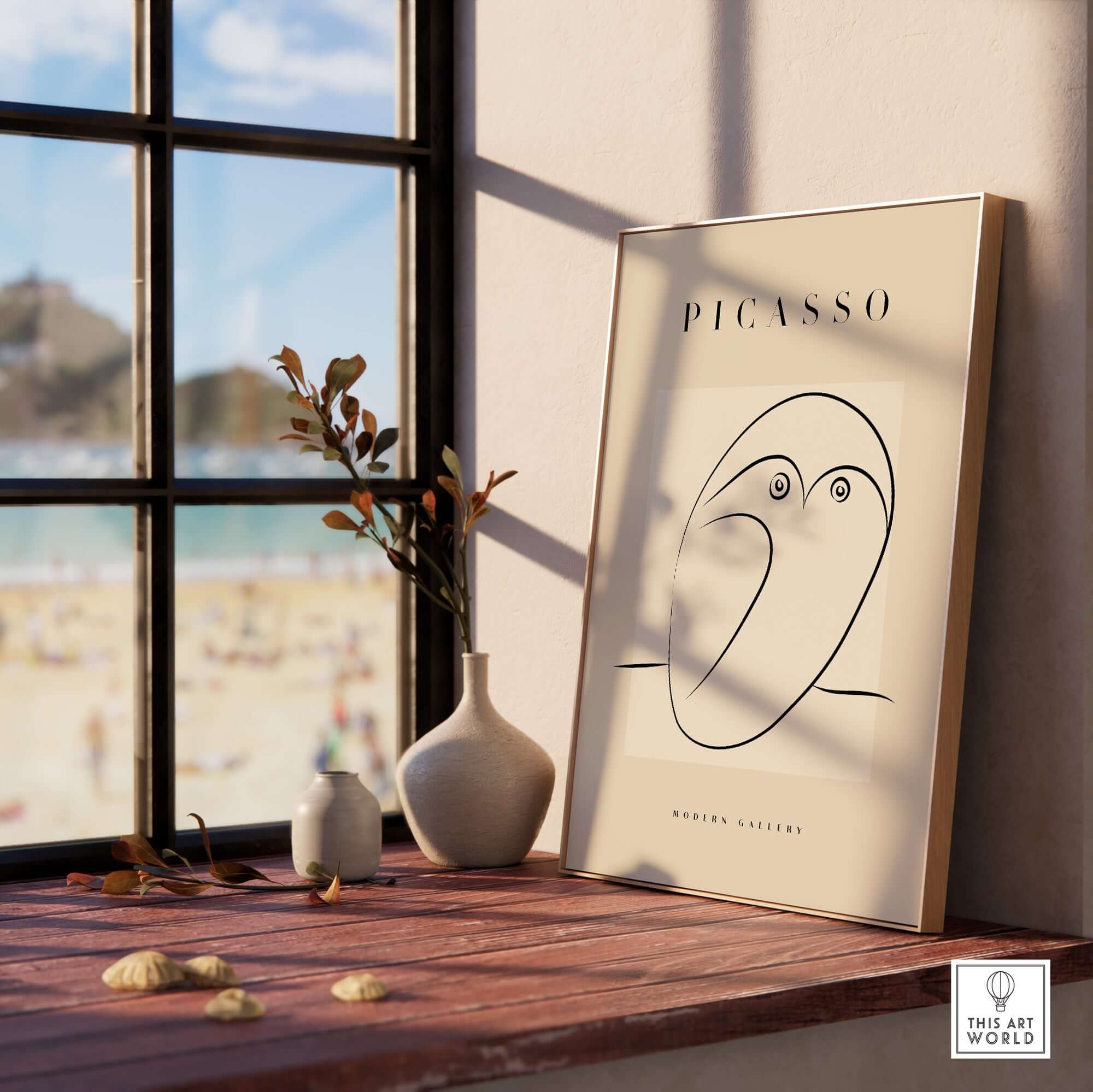 Picasso Abstract Owl Line Art Minimalist Bird Poster Modern Gallery Wall Art displayed on a wooden shelf by a window.