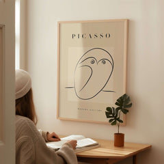 Picasso Abstract Owl Line Art Minimalist Bird Poster Modern Gallery Wall Art displayed in a cozy interior setting.