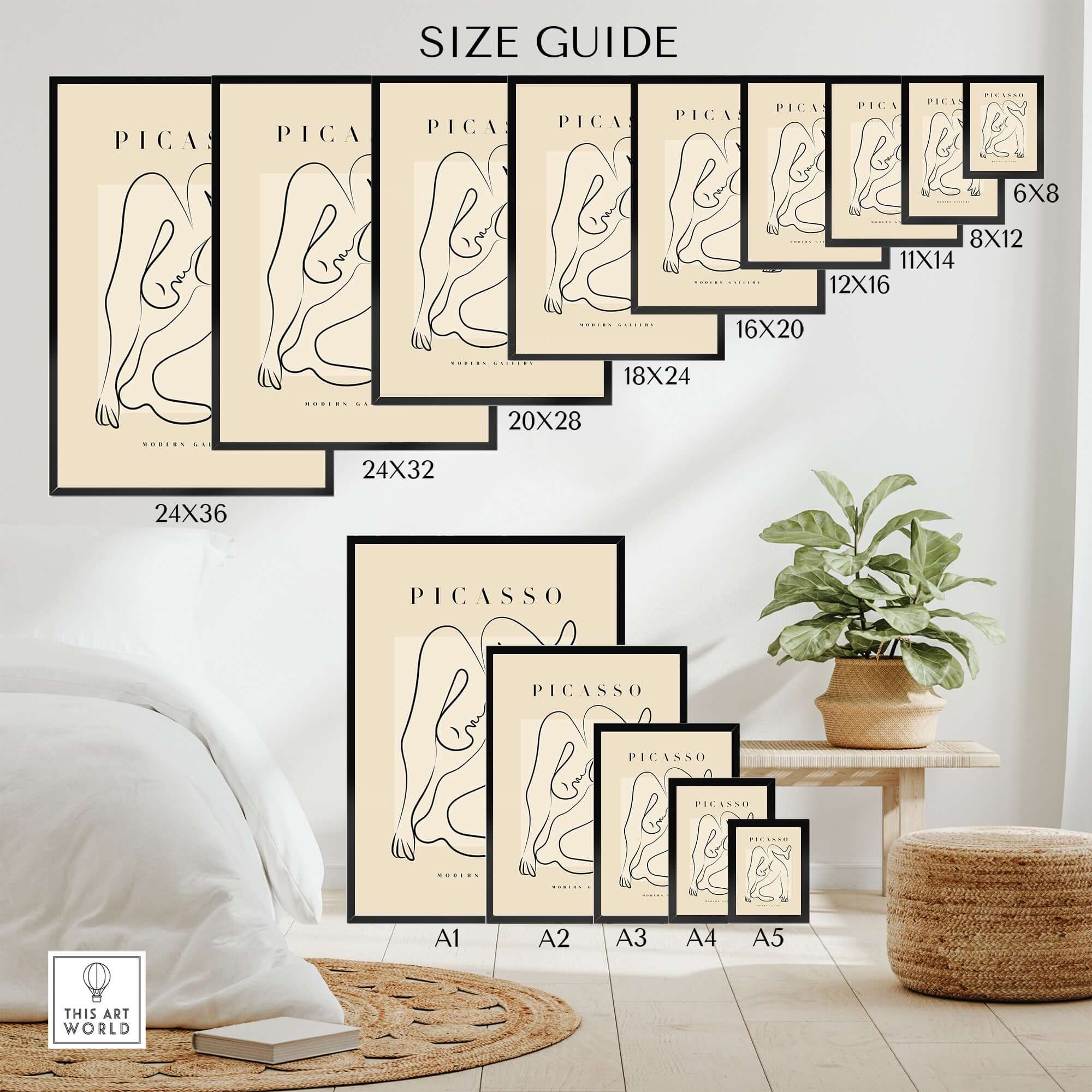 Size guide for Picasso Contorted Figure Abstract Pose Line Art Modern Gallery Poster Wall Art in various dimensions.