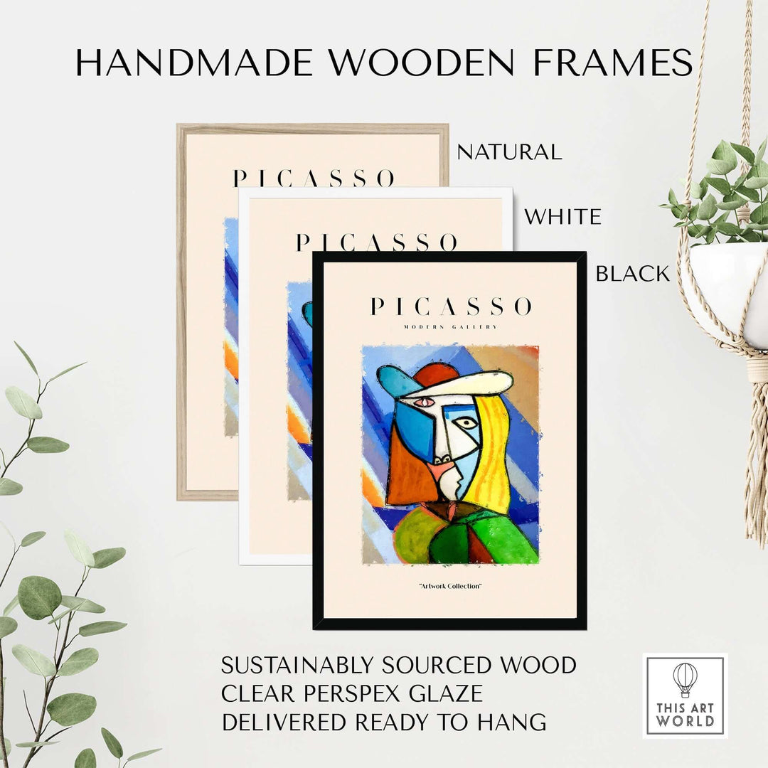 Handmade wooden frames in natural, white, and black for Picasso art prints with clear Perspex glaze.