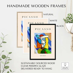 Handmade wooden frames in natural, white, and black for Picasso Woman Hat Abstract Portrait Print Colorful Cubist Poster Artwork Collection.