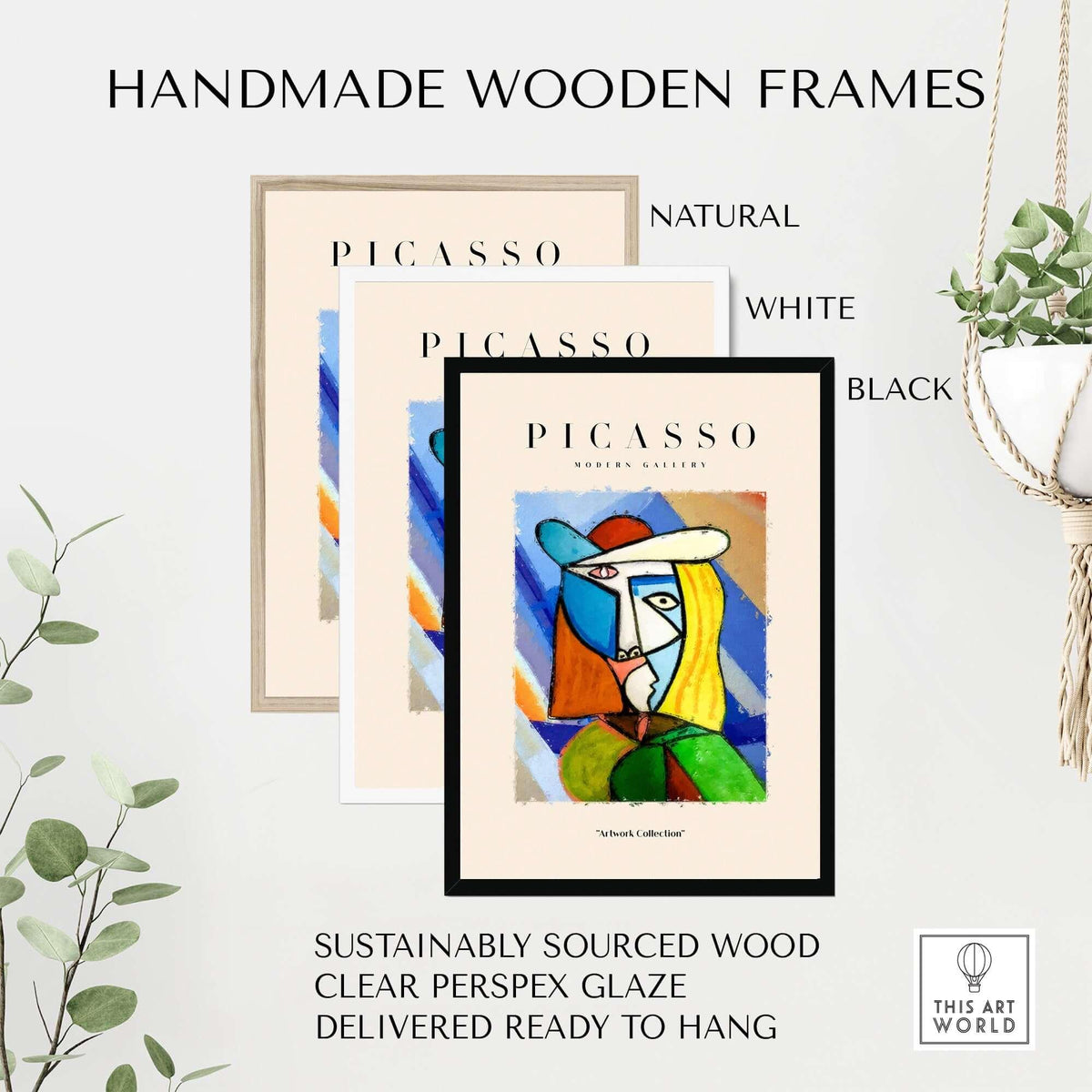 Handmade wooden frames in natural, white, and black for Picasso Woman Hat Abstract Portrait Print Colorful Cubist Poster Artwork Collection.