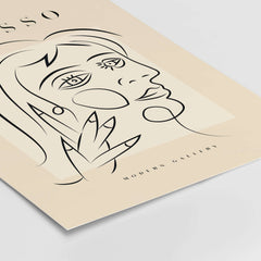 Picasso Face Profile Abstract Woman Line Art Modern Gallery Poster Wall Art featuring minimalist line drawing on beige.