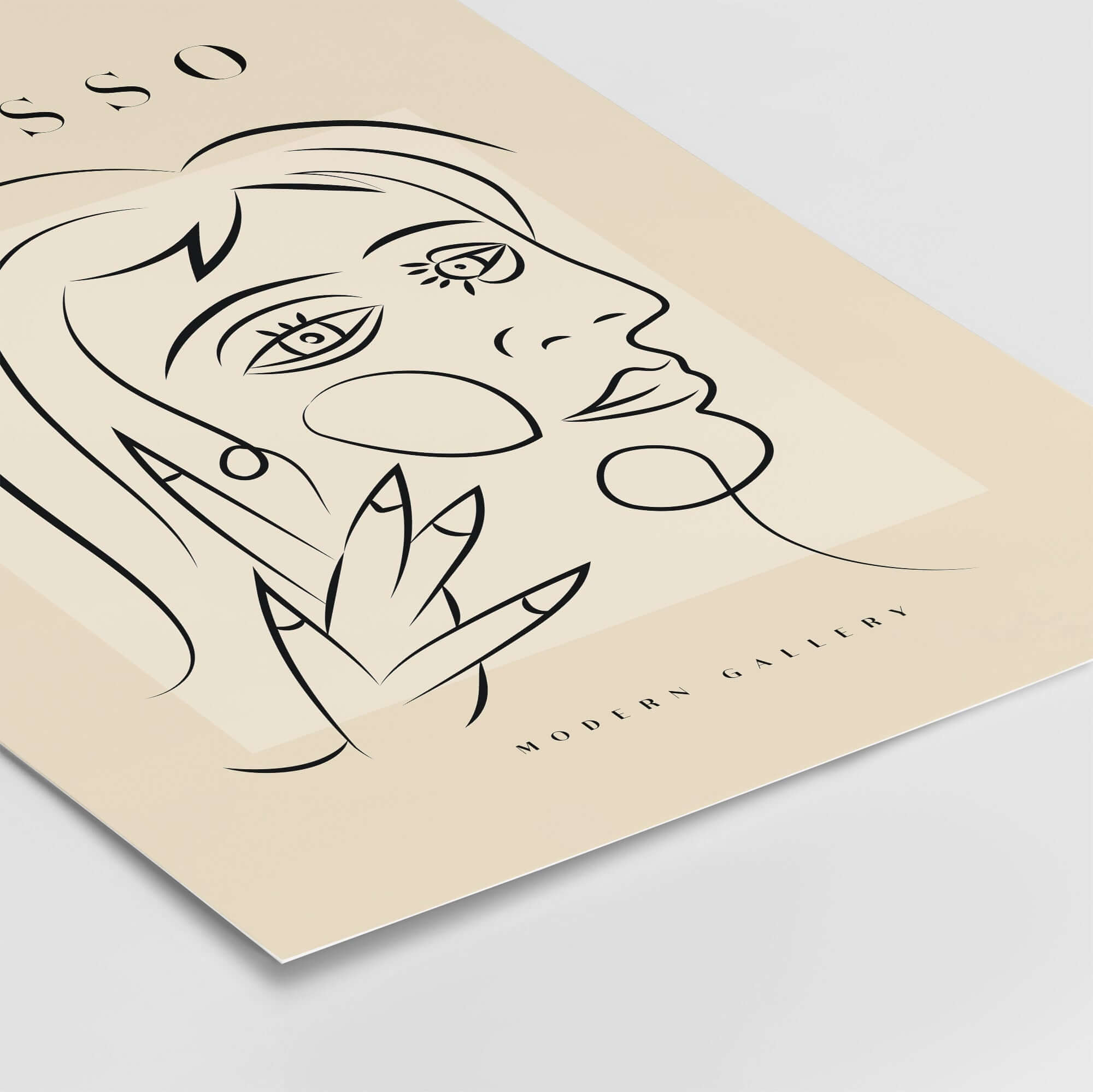 Picasso Face Profile Abstract Woman Line Art Modern Gallery Poster Wall Art featuring minimalist line drawing on beige.