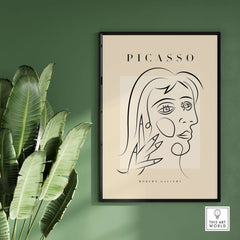 Picasso Face Profile Abstract Woman Line Art Modern Gallery Poster Wall Art featuring minimalist line drawing on beige.