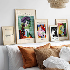 Picasso Head of a Woman 1935 Art Print Cubist Portrait Poster Colorful Wall Art displayed in modern interior setting.