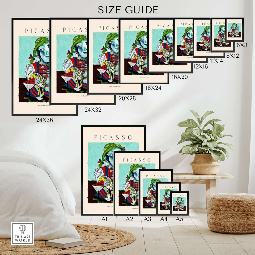 Size guide for Picasso prints featuring various dimensions and a decorative indoor setting with plant.